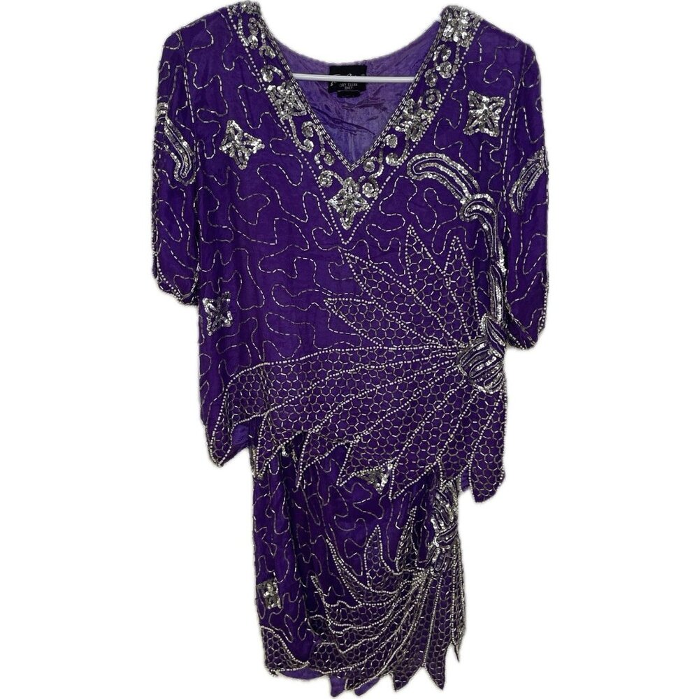 tan chho Women’s 100% Silk Beaded Purple Set Suit Costume Small Vintage 20s
